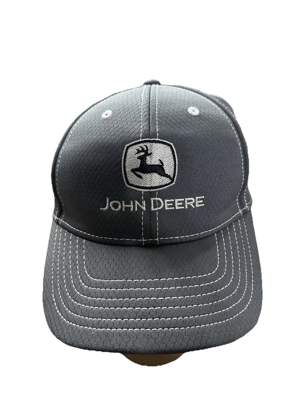 John Deere poly mesh hat in gray with a white logo & stitching adjustable strap